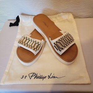 3.1 PHILIP LIM 'EVA' WHITE LEATHER SANDALS W/ SILVER METAL ACCENTS - SZ 37/US 7